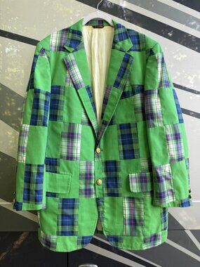 Vintage 80s Green tartan plaid patchwork preppy OLD MONEY tailored blazer 38